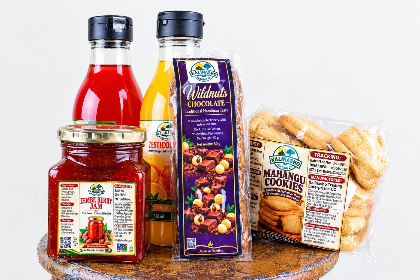 The Kalinasho range arranged together: juices, jam, cookies and chocolate