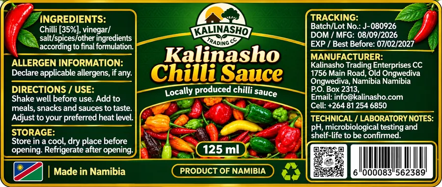 Kalinasho Chilli Sauce 125 ml label artwork