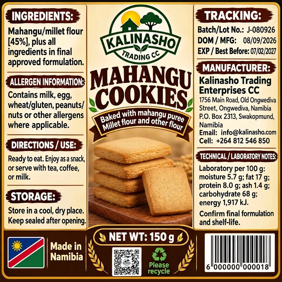 Mahangu Cookies 150 g label artwork with ingredient panel