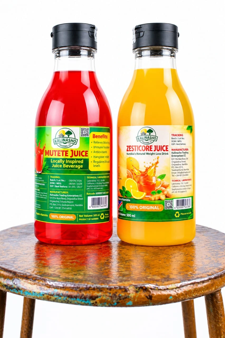 Mutete Juice and Zesticore Juice 500 ml bottles grouped together on a wooden stool